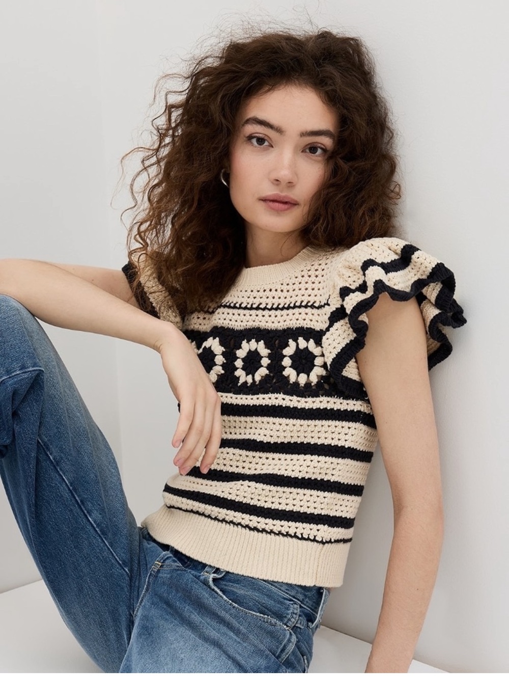 Rails Penelope Sweater Cream Black Striped Crochet Ruffle Sleeve Knit Top large